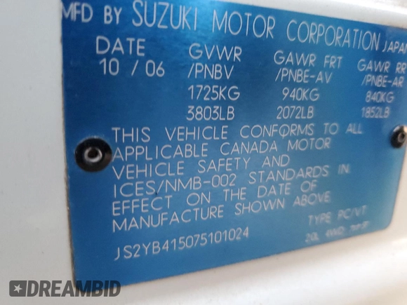 2007 Suzuki SX4 with VIN JS2YB415075101024, listed as a Copart auction lot 80359844 with 170,157 mi miles and Clean Title. Bid and sale history available at DreamBid. Image 12.