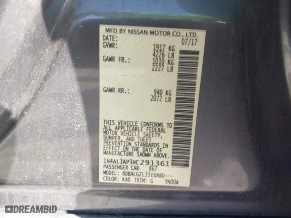 2017 Nissan Altima 2.5 SR with VIN 1N4AL3AP3HC291361, listed as a IAAI auction lot 41585914 with 140,851 mi miles. Bid and sale history available at carsss.com. Image 9.