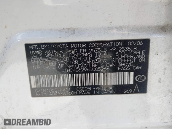 2006 Lexus IS 250 with VIN JTHCK262965005266, listed as a IAAI auction lot 42687510 with 144,829 mi miles and . Bid and sale history available at DreamBid. Image 9.