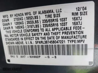 2005 Honda Odyssey EX-L with VIN 5FNRL38745B047221, listed as a IAAI auction lot 41732407 with 275,604 mi miles. Bid and sale history available at carsss.com. Image 9.
