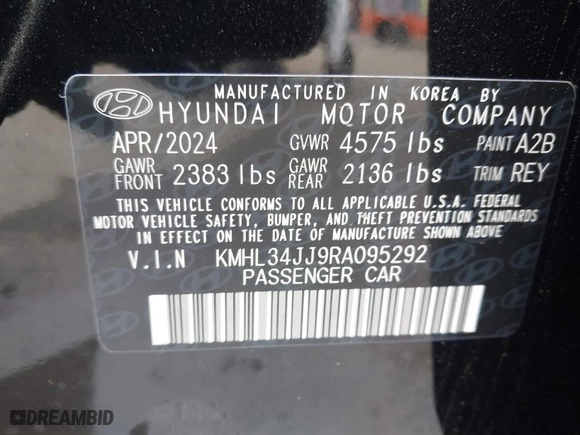 2024 Hyundai Sonata Hybrid SEL with VIN KMHL34JJ9RA095292, listed as a IAAI auction lot 41865840 with 7,900 mi miles. Bid and sale history available at carsss.com. Image 9.