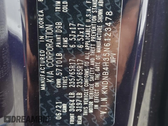 2022 Kia Carnival LXS with VIN KNDNB4H35N6123478, listed as a Copart auction lot 80997464 with 17,637 mi miles and Salvage Title. Bid and sale history available at carsss.com. Image 14.