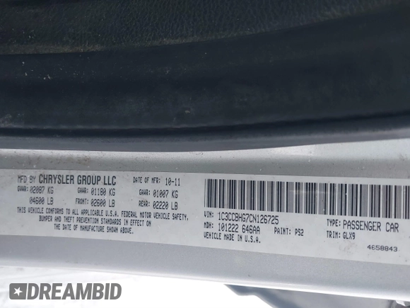 2012 Chrysler 200 S with VIN 1C3CCBHG7CN126725, listed as a IAAI auction lot 41313076 with 101,150 mi miles. Bid and sale history available at carsss.com. Image 9.