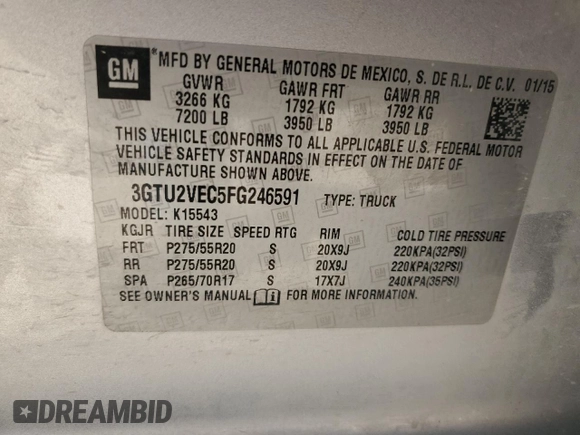 2015 GMC Sierra 1500 SLT with VIN 3GTU2VEC5FG246591, listed as a Copart auction lot 82916374 with 93,624 mi miles and Salvage Title. Bid and sale history available at DreamBid. Image 12.