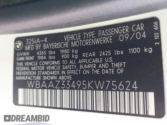 2005 BMW 3 Series 325i with VIN WBAAZ33495KW75624, listed as a IAAI auction lot 41495796 with 92,832 mi miles and . Bid and sale history available at DreamBid. Image 9.