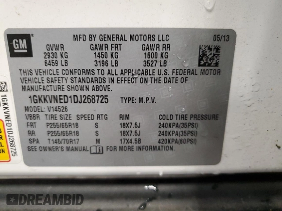 2013 GMC Acadia SLE with VIN 1GKKVNED1DJ268725, listed as a Copart auction lot 75848424 with 151,910 mi miles and Salvage Title. Bid and sale history available at carsss.com. Image 16.