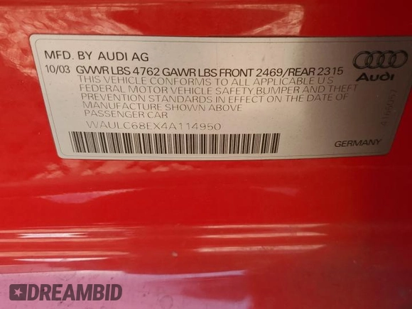 2004 Audi A4 1.8T with VIN WAULC68EX4A114950, listed as a Copart auction lot 56335704 with 0 mi miles and Salvage Title. Bid and sale history available at carsss.com. Image 12.