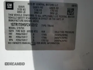 2015 GMC Sierra 1500 z VIN 1GTR1TEH5FZ412312, wystawiony jako Copart lot #79468714 z przebiegiem 219 891 mil mil oraz Szkoda całkowita • Salvage title. Historia ofert i sprzedaży dostępna na DreamBid. Obrazek 12.