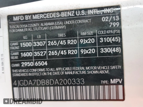 2013 Mercedes-Benz M 550 with VIN 4JGDA7DB8DA200333, listed as a Copart auction lot 85099484 with 204,839 mi miles and Salvage title. Bid and sale history available at DreamBid. Image 14.