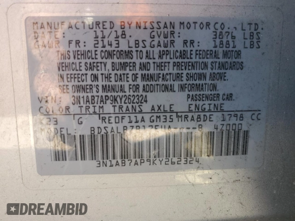 2019 Nissan Sentra SV with VIN 3N1AB7AP9KY262324, listed as a Copart auction lot 45649355 with 333,333 mi miles and Clean Title. Bid and sale history available at DreamBid. Image 12.