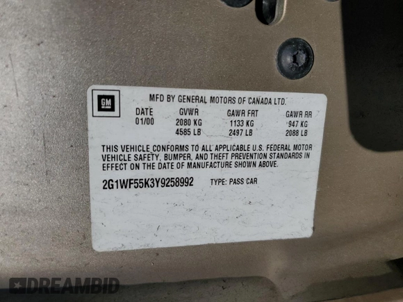 2000 Chevrolet Impala z VIN 2G1WF55K3Y9258992, wystawiony jako Copart lot #45476415 z przebiegiem Nie podano mil oraz Szkoda całkowita • Salvage title. Historia ofert i sprzedaży dostępna na DreamBid. Obrazek 12.