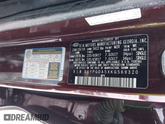 2019 Kia Sorento LX V6 with VIN 5XYPGDA5XKG569320, listed as a IAAI auction lot 41299982 with 115,407 mi miles. Bid and sale history available at carsss.com. Image 9.