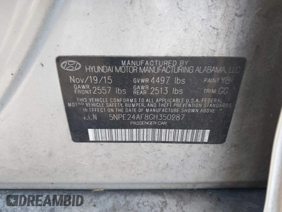 2016 Hyundai Sonata SE z VIN 5NPE24AF8GH350287, wystawiony jako IAAI lot #42476022 z przebiegiem 185 630 mil mil oraz . Historia ofert i sprzedaży dostępna na DreamBid. Obrazek 9.