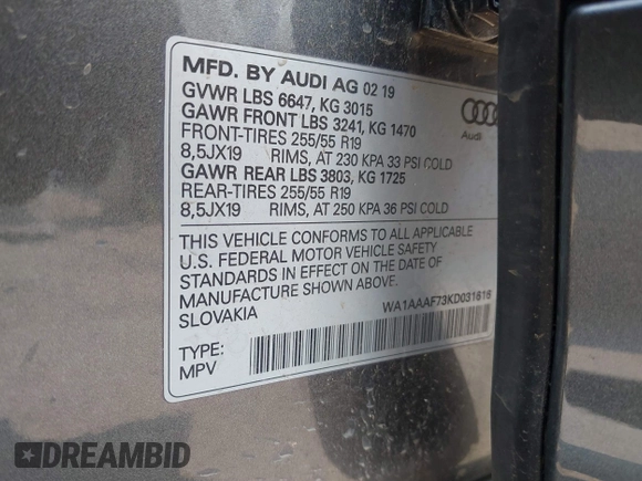 2019 Audi Q7 Premium with VIN WA1AAAF73KD031616, listed as a IAAI auction lot 39952592 with 60,839 mi miles and . Bid and sale history available at DreamBid. Image 9.