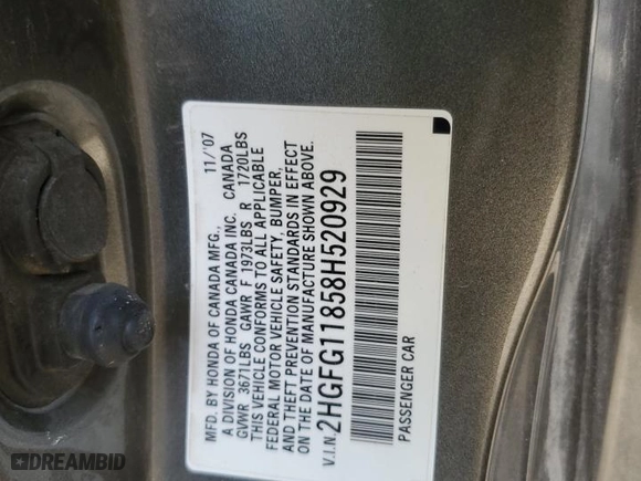 2008 Honda Civic Cpe EX with VIN 2HGFG11858H520929, listed as a Copart auction lot 42598485 with 232,743 mi miles and Non Repairable. Bid and sale history available at carsss.com. Image 12.