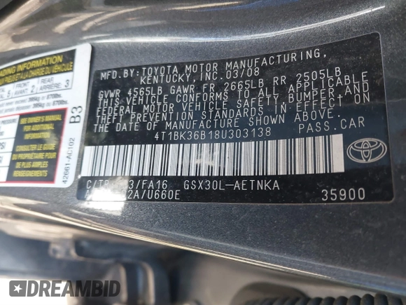 2008 Toyota Avalon XL with VIN 4T1BK36B18U303138, listed as a IAAI auction lot 41864330 with 208,932 mi miles and . Bid and sale history available at DreamBid. Image 9.
