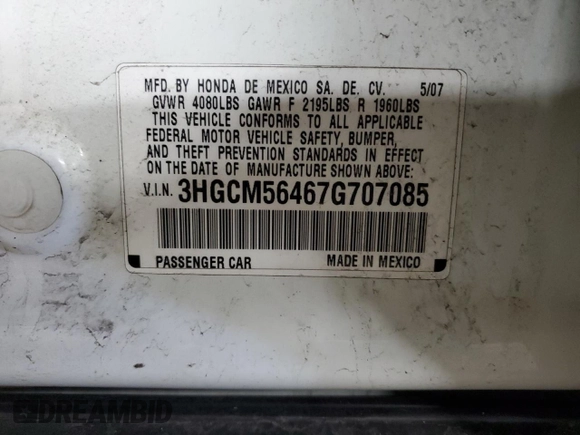 2007 Honda Accord LX with VIN 3HGCM56467G707085, listed as a Copart auction lot 56169445 with 184,254 mi miles and Salvage title. Bid and sale history available at DreamBid. Image 12.