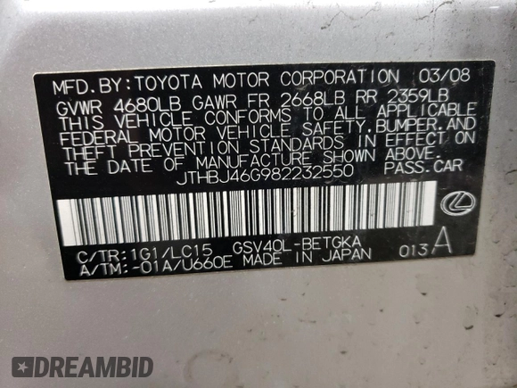 2008 Lexus ES with VIN JTHBJ46G982232550, listed as a Copart auction lot 54363035 with 155,063 mi miles and Salvage Title. Bid and sale history available at carsss.com. Image 12.
