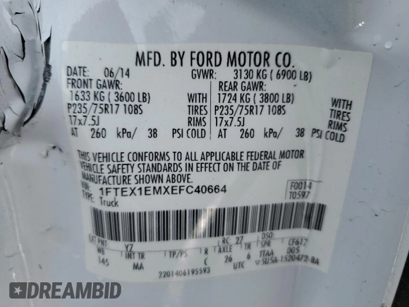 2014 Ford F-150 XL with VIN 1FTEX1EMXEFC40664, listed as a Copart auction lot 43030155 with 144,720 mi miles and Salvage Title. Bid and sale history available at carsss.com. Image 14.