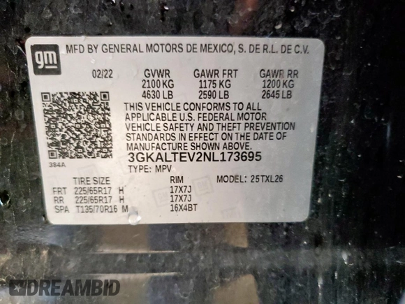 2022 GMC Terrain SLE z VIN 3GKALTEV2NL173695, wystawiony jako Copart lot #62925205 z przebiegiem 106 460 mil mil oraz Czysty tytuł • Clean title. Historia ofert i sprzedaży dostępna na DreamBid. Obrazek 12.