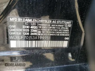 2003 Mercedes-Benz E-Class 5.0L with VIN WDBUF70J53A199951, listed as a Copart auction lot 51138595 with 129,414 mi miles and Salvage Title. Bid and sale history available at carsss.com. Image 12.