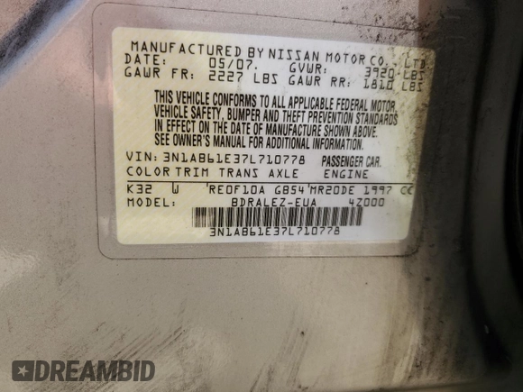 2007 Nissan Sentra S with VIN 3N1AB61E37L710778, listed as a Copart auction lot 65657125 with 118,528 mi miles and Clean title. Bid and sale history available at DreamBid. Image 12.