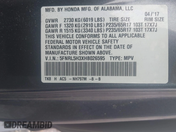 2017 Honda Odyssey SE with VIN 5FNRL5H3XHB026595, listed as a IAAI auction lot 39631978 with 92,555 mi miles and . Bid and sale history available at carsss.com. Image 9.