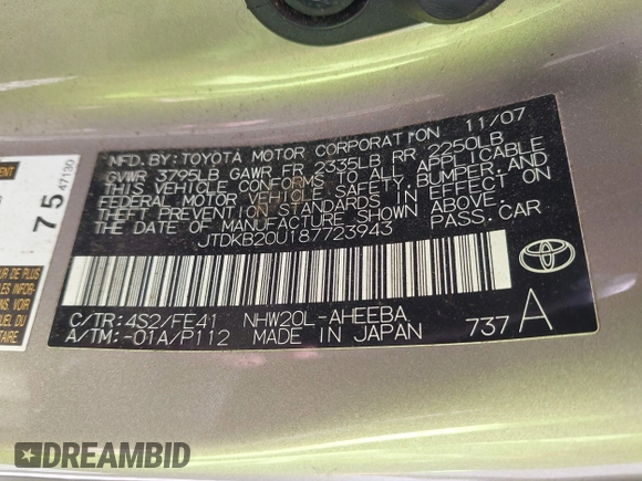 2008 Toyota Prius with VIN JTDKB20U187723943, listed as a IAAI auction lot 41991967 with 180,204 mi miles and . Bid and sale history available at carsss.com. Image 9.