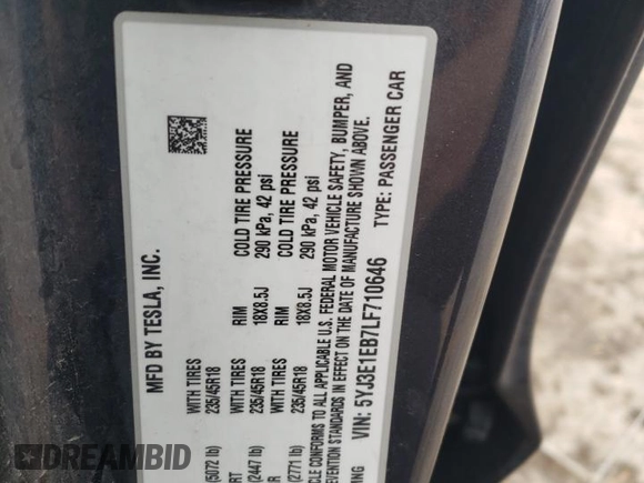 2020 Tesla Model 3 Long Range z VIN 5YJ3E1EB7LF710646, wystawiony jako Copart lot #57403355 z przebiegiem 98 080 mil mil oraz Szkoda całkowita • Salvage title. Historia ofert i sprzedaży dostępna na DreamBid. Obrazek 13.