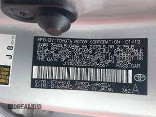 2012 Toyota Prius One with VIN JTDKN3DU5C5396667, listed as a IAAI auction lot 40961968 with 204,069 mi miles and . Bid and sale history available at carsss.com. Image 9.