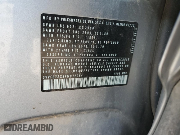 2023 Volkswagen Tiguan S with VIN 3VVFB7AX8PM072064, listed as a Copart auction lot 87967065 with 16,812 mi miles and Salvage title. Bid and sale history available at DreamBid. Image 14.