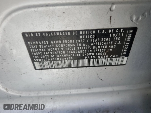 2012 Volkswagen Jetta TDI w/Sunroof z VIN 3VWPL7AJ0CM639239, wystawiony jako Copart lot #45187435 z przebiegiem 144 118 mil mil oraz Szkoda całkowita • Salvage title. Historia ofert i sprzedaży dostępna na DreamBid. Obrazek 13.