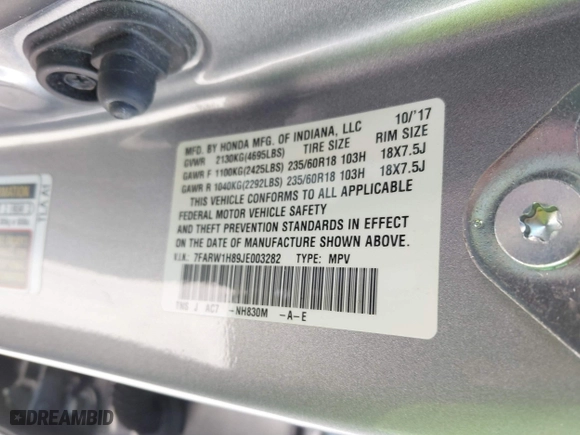 2018 Honda CR-V EX-L with VIN 7FARW1H89JE003282, listed as a IAAI auction lot 41590456 with 67,536 mi miles. Bid and sale history available at carsss.com. Image 9.