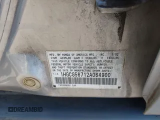2002 Honda Accord SE with VIN 1HGCG56712A064900, listed as a IAAI auction lot 42184540 with Not provided miles and . Bid and sale history available at DreamBid. Image 9.