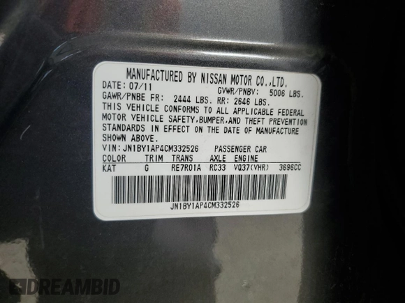 2012 Infiniti M37 with VIN JN1BY1AP4CM332526, listed as a Copart auction lot 53115355 with 90,558 mi miles and Salvage Title. Bid and sale history available at carsss.com. Image 13.