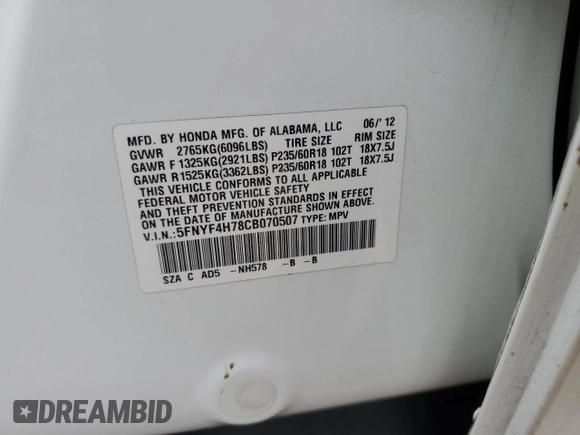 2012 Honda Pilot EX-L with VIN 5FNYF4H78CB070507, listed as a Copart auction lot 58354005 with 171,770 mi miles and Salvage title. Bid and sale history available at DreamBid. Image 13.