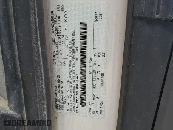 2017 Ford Transit с VIN 1FTYR2CM4HKB52561, выставлен на аукционе Copart как лот 60880495 с пробегом 196 281 миль миль и Списание • Salvage title. История ставок и продаж доступна на DreamBid. Изображение 13.