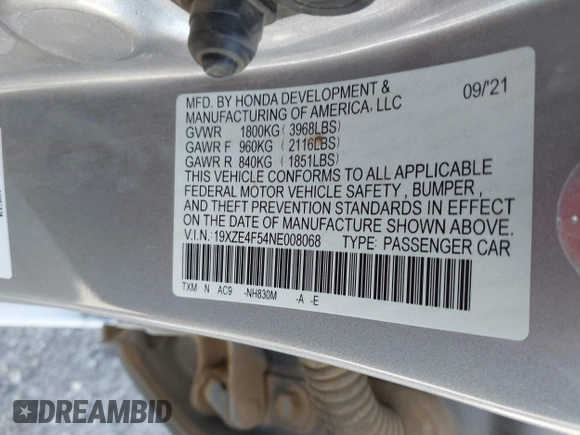 2022 Honda Insight EX with VIN 19XZE4F54NE008068, listed as a IAAI auction lot 41658247 with 54,480 mi miles and . Bid and sale history available at DreamBid. Image 9.