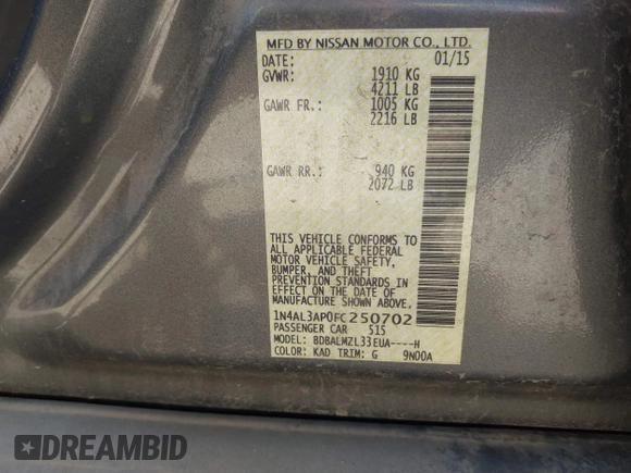 2015 Nissan Altima SL with VIN 1N4AL3AP0FC250702, listed as a IAAI auction lot 41775215 with 120,620 mi miles and . Bid and sale history available at DreamBid. Image 9.