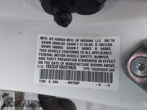2019 Honda Insight LX with VIN 19XZE4F10KE010635, listed as a IAAI auction lot 42084158 with 105,606 mi miles and . Bid and sale history available at carsss.com. Image 9.