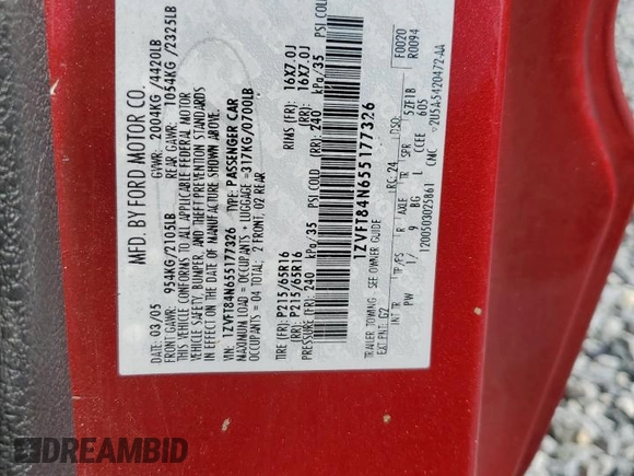 2005 Ford Mustang Deluxe z VIN 1ZVFT84N655177326, wystawiony jako Copart lot #59206775 z przebiegiem 134 187 mil mil oraz Szkoda całkowita • Salvage title. Historia ofert i sprzedaży dostępna na DreamBid. Obrazek 12.