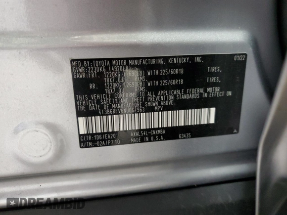 2022 Toyota RAV4 Hybrid XLE Premium с VIN 4T3B6RFV6NU067963, выставлен на аукционе Copart как лот 57606405 с пробегом 30 439 миль миль и Списание • Salvage title. История ставок и продаж доступна на DreamBid. Изображение 13.
