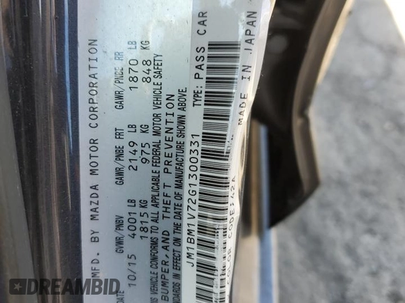 2016 Mazda 3 i Touring with VIN JM1BM1V72G1300331, listed as a Copart auction lot 55992655 with 75,937 mi miles and Salvage Title. Bid and sale history available at DreamBid. Image 12.