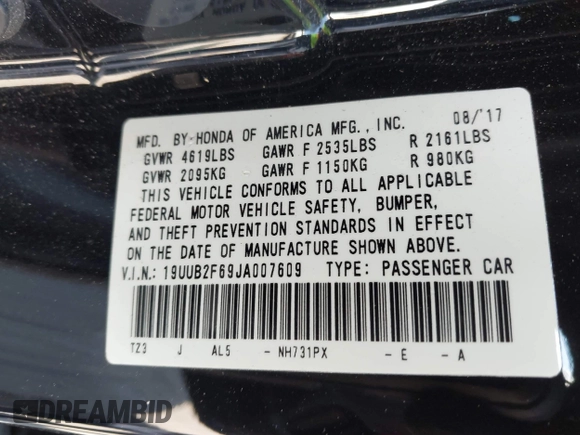2018 Acura TLX w/A-SPEC Pkg with VIN 19UUB2F69JA007609, listed as a IAAI auction lot 41754437 with 195,047 mi miles. Bid and sale history available at carsss.com. Image 9.