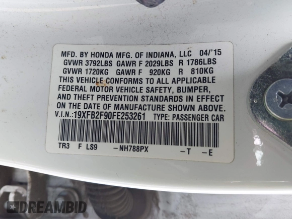 2015 Honda Civic Sedan EX-L with VIN 19XFB2F90FE253261, listed as a IAAI auction lot 41905962 with 146,441 mi miles. Bid and sale history available at carsss.com. Image 9.