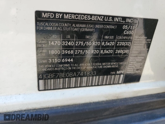 2011 Mercedes-Benz GL-Class GL 450 with VIN 4JGBF7BE0BA741833, listed as a Copart auction lot 73591834 with 0 mi miles and Salvage Title. Bid and sale history available at carsss.com. Image 13.