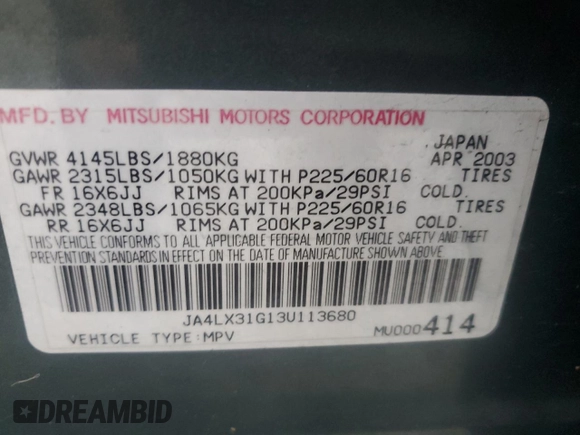2003 Mitsubishi Outlander LS with VIN JA4LX31G13U113680, listed as a Copart auction lot 43475025 with 138,364 mi miles and Salvage Title. Bid and sale history available at carsss.com. Image 12.