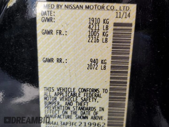 2015 Nissan Altima SV with VIN 1N4AL3AP3FC219962, listed as a Copart auction lot 51444755 with 165,949 mi miles and Salvage Title. Bid and sale history available at DreamBid. Image 12.