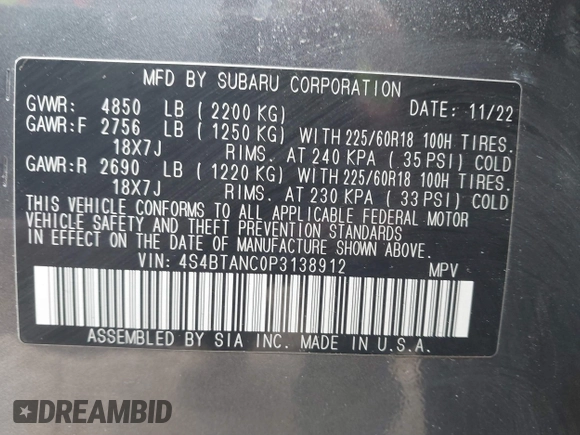 2023 Subaru Outback Limited z VIN 4S4BTANC0P3138912, wystawiony jako IAAI lot #41877674 z przebiegiem 17 335 mil mil oraz . Historia ofert i sprzedaży dostępna na DreamBid. Obrazek 9.