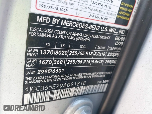 2009 Mercedes-Benz R 3.5L with VIN 4JGCB65E79A091818, listed as a IAAI auction lot 40974146 with 131,515 mi miles and . Bid and sale history available at DreamBid. Image 9.